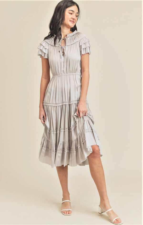 Reset by Jane "Kianna Long Short Sleeve Ruffle Dress" in Silver