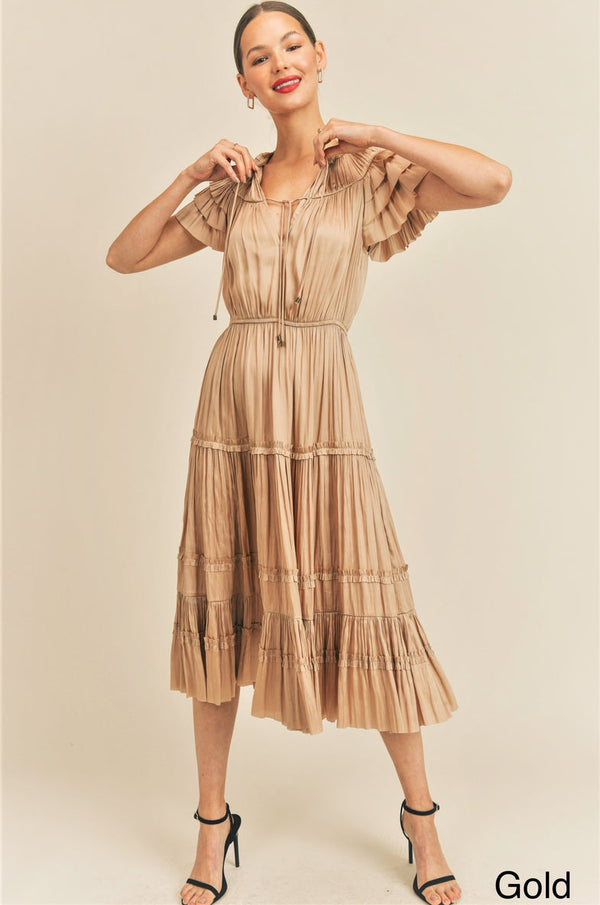 Reset by Jane "Kianna Long Short Sleeve Ruffle Dress" in Gold