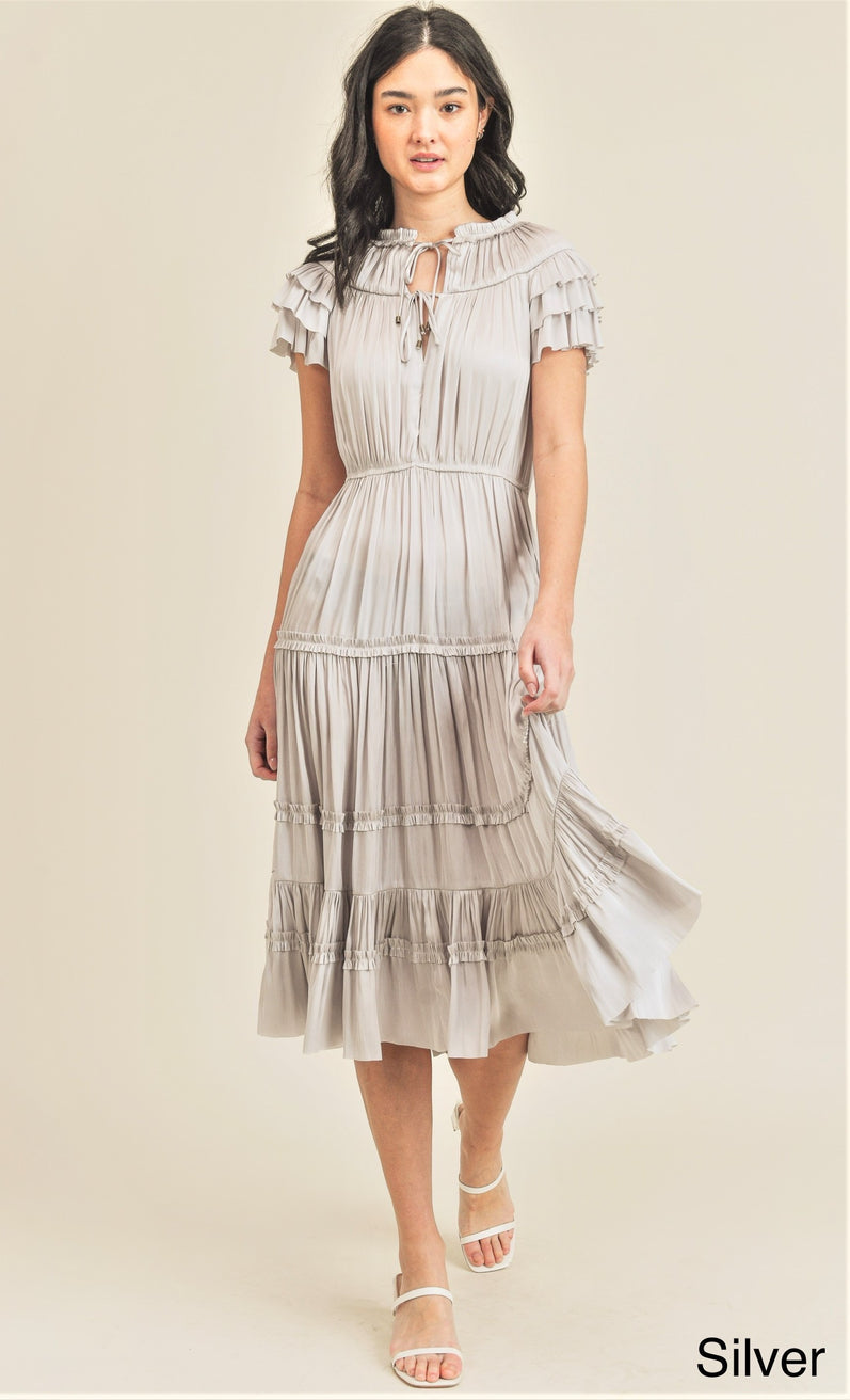 Reset by Jane "Kianna Long Short Sleeve Ruffle Dress" in Silver