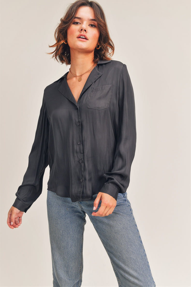 Reset by Jane "Mina Silky Button Up Blouse" in Charcoal