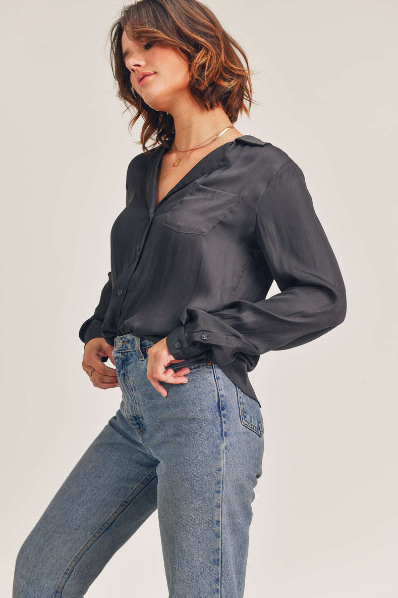 Reset by Jane "Mina Silky Button Up Blouse" in Charcoal