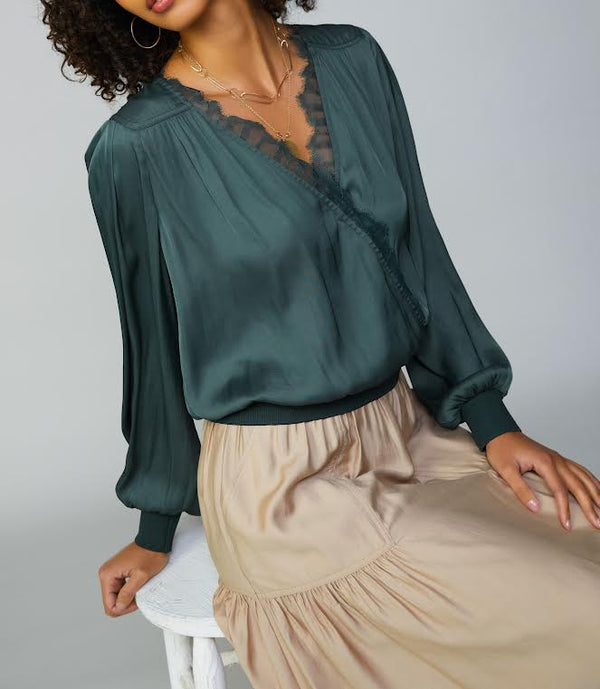 Current Air "Surplice Lace Blouse" in Forrest Green
