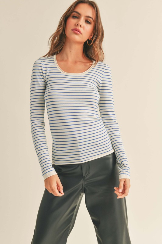 Lily Striped Long Sleeve Top in Blue/Cream