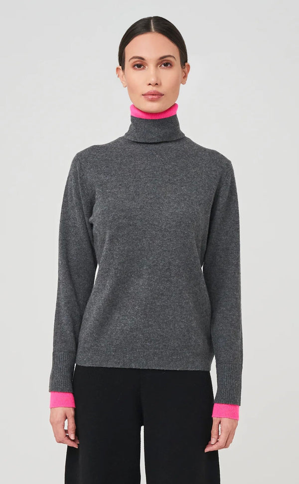 Brodie Cashmere Contrast Turtle Neck Sweater in Grey