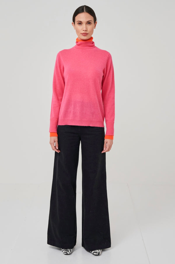 Brodie Cashmere Contrast Turtle Neck Sweater in Pink