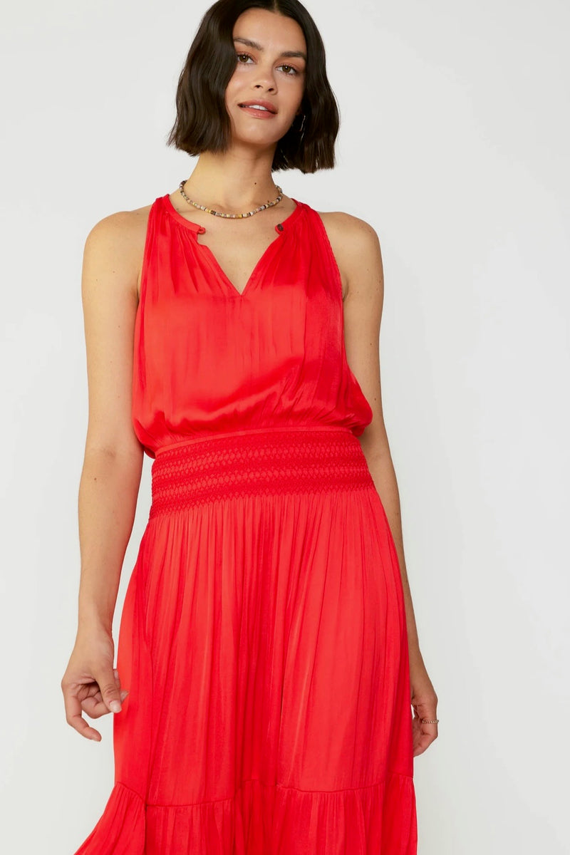 Current Air Smocked Waist Halter Midi Dress in Red