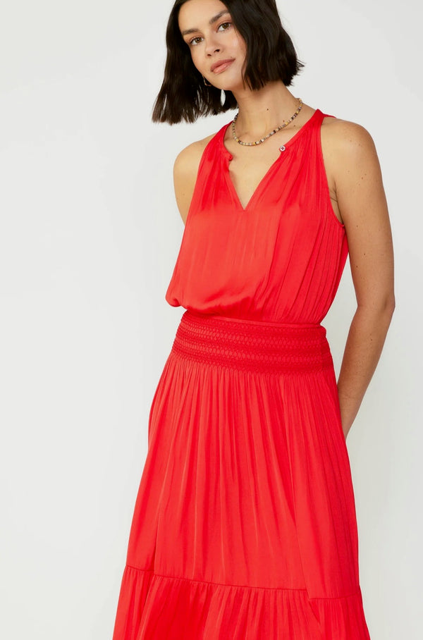 Current Air Smocked Waist Halter Midi Dress in Red