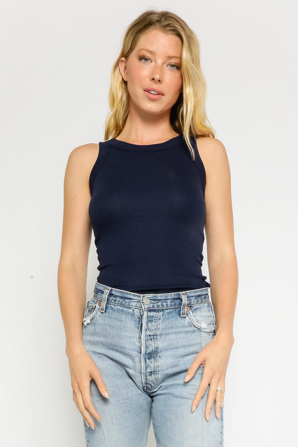 Olivaceous  Ribbed Fitted Scoop Neck Tank Top in Navy