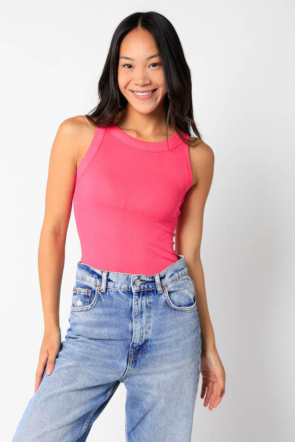 Olivaceous Ribbed Fitted Scoop Neck Tank Top in Pink